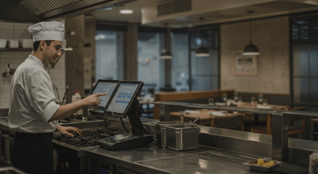 a man using POS to tkae order and manage inventory