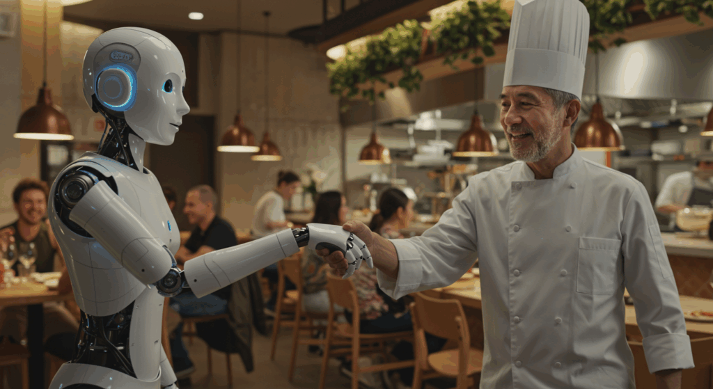 AI IN RESTAURANTS  a robot is shaking hand with resturaunnt owner and behind in background there is a busy bustling resturaunt 
