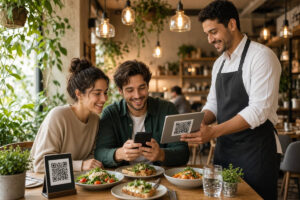 Couple ordering via phone with waiter and QR code in modern restaurant