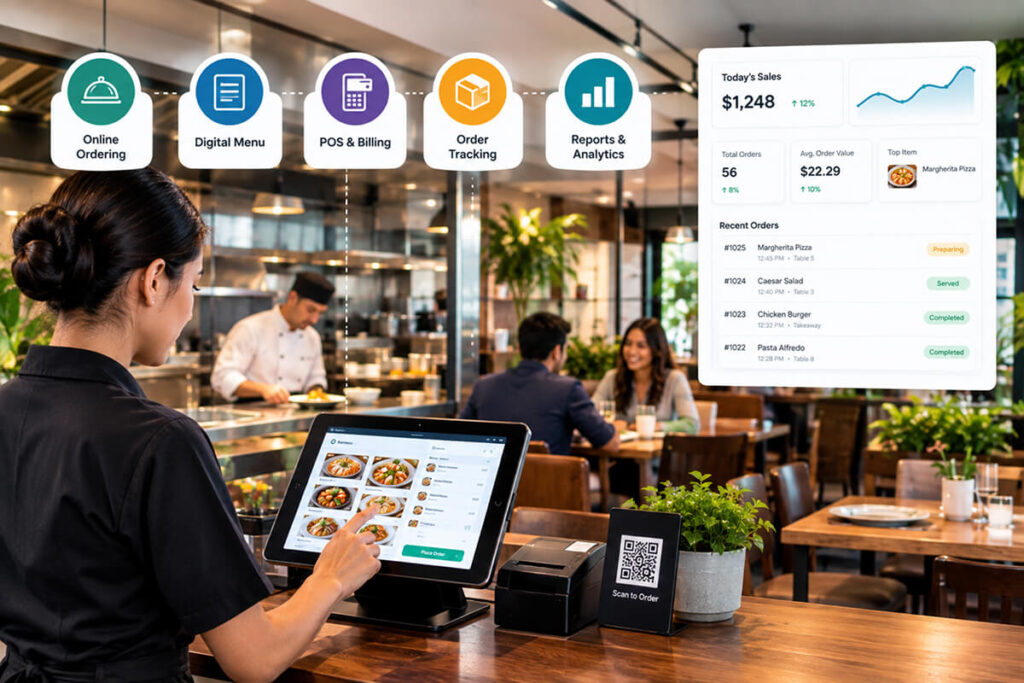 Restaurant staff using digital management software for ordering, billing, and operations